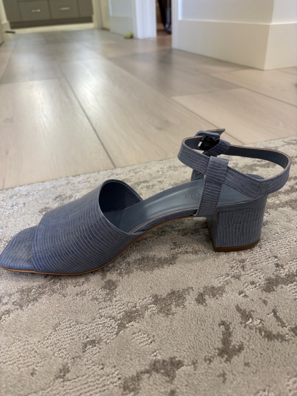 Everlane Slate Blue Lizard-Embossed Block Heel Sandals with Ankle Strap - Picture 5 of 9